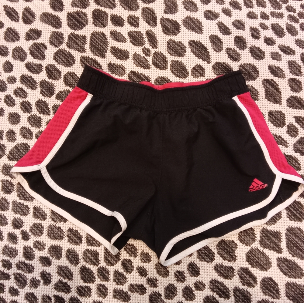 Adidas Women's Black Shorts with Pink and White Stripe